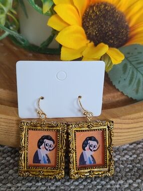 Gold Framed Dali Portrait Dangle Earrings